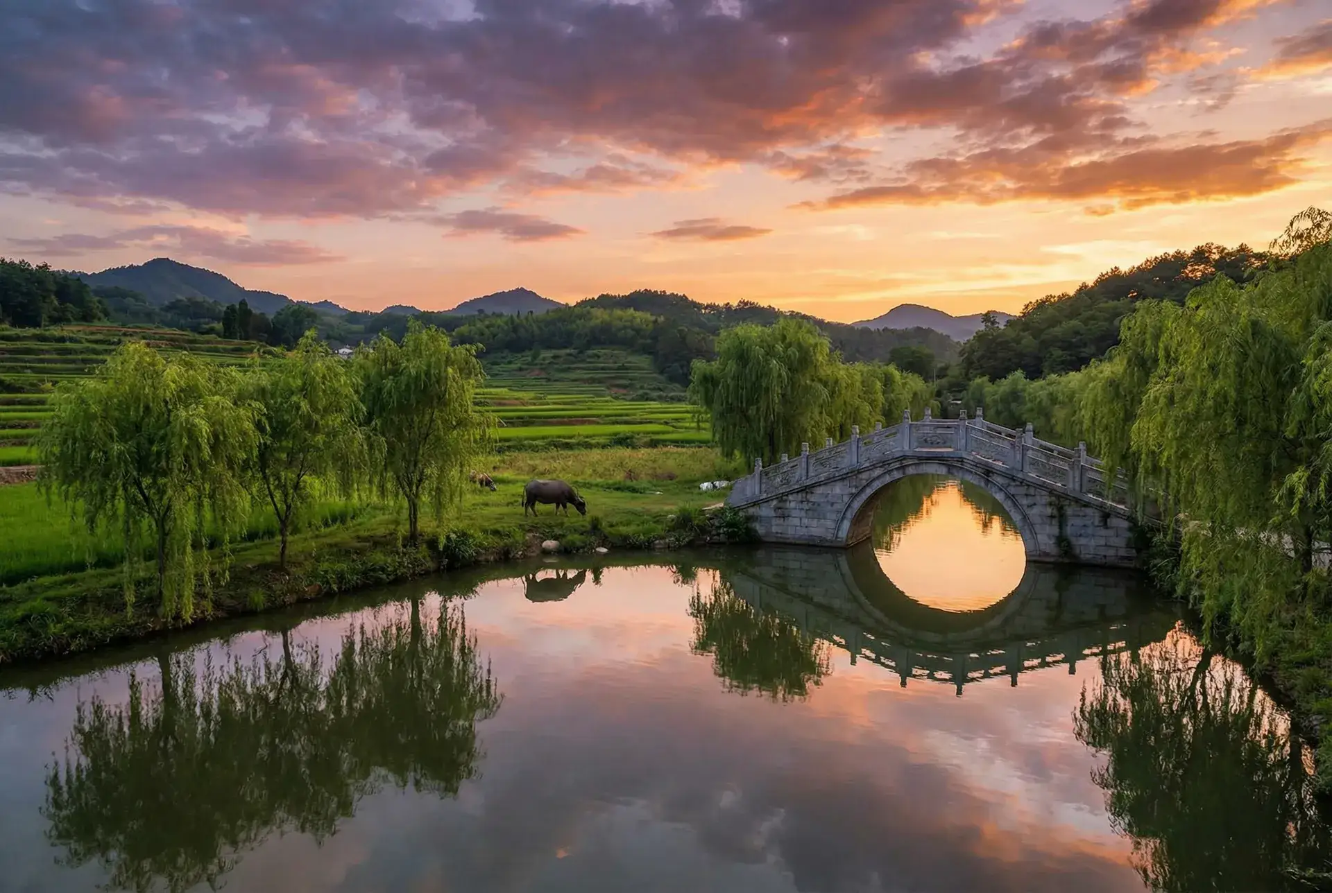 夕阳下的石拱桥与垂柳，水牛在河边吃草 - 小米的玩具日记1-7 乡村美景